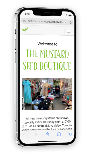 The Mustard Seed Boutique website smartphone mockup